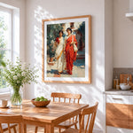 Two women in traditional sarees cross stitch artwork displayed on wall as home decor