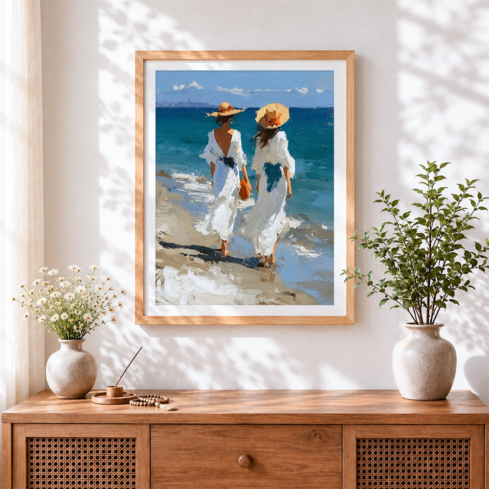 Finished two women in white dresses at the beach cross stitch artwork displayed