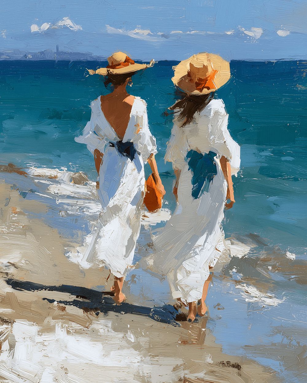 Two women in white dresses at the beach cross stitch kit for beginners