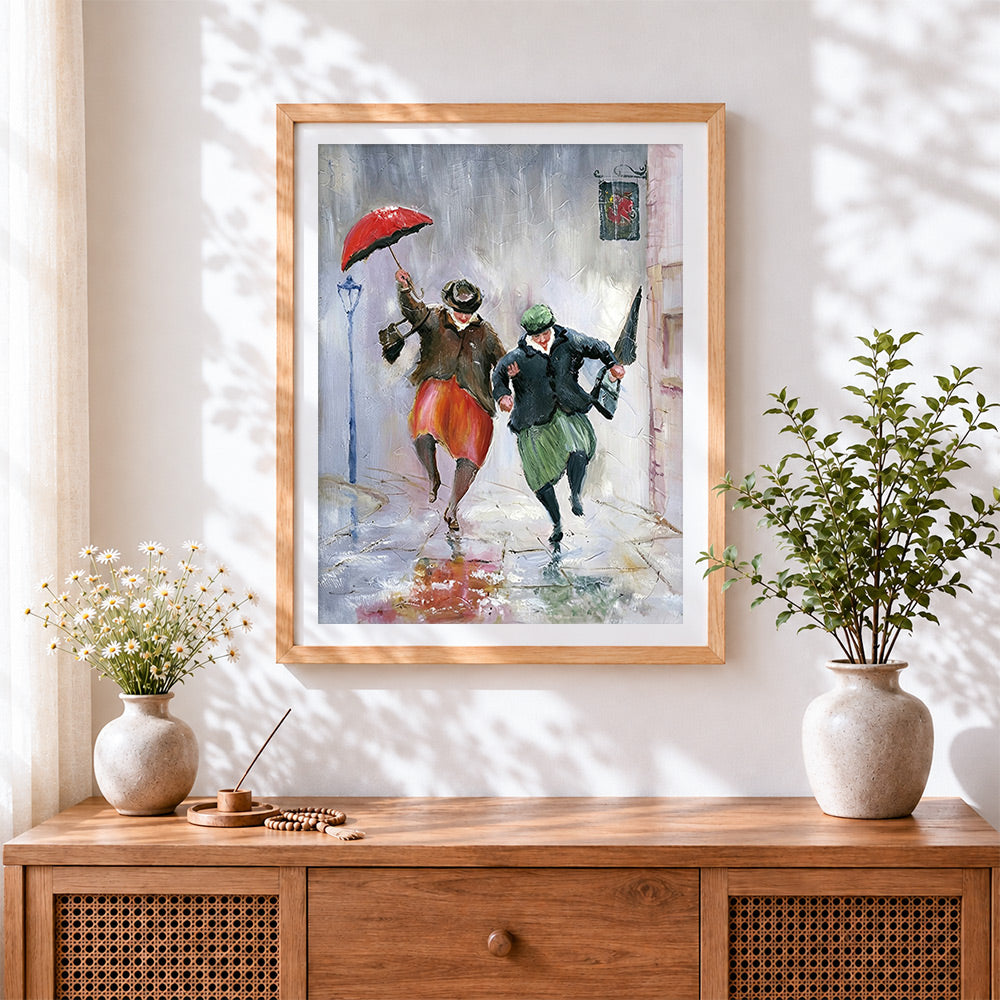 Finished two women running in the rain cross stitch artwork displayed