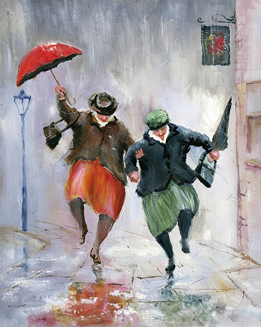 Two women running in the rain cross stitch kit for beginners