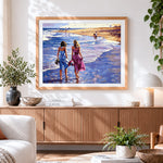 Finished two women walking on the beach cross stitch artwork displayed