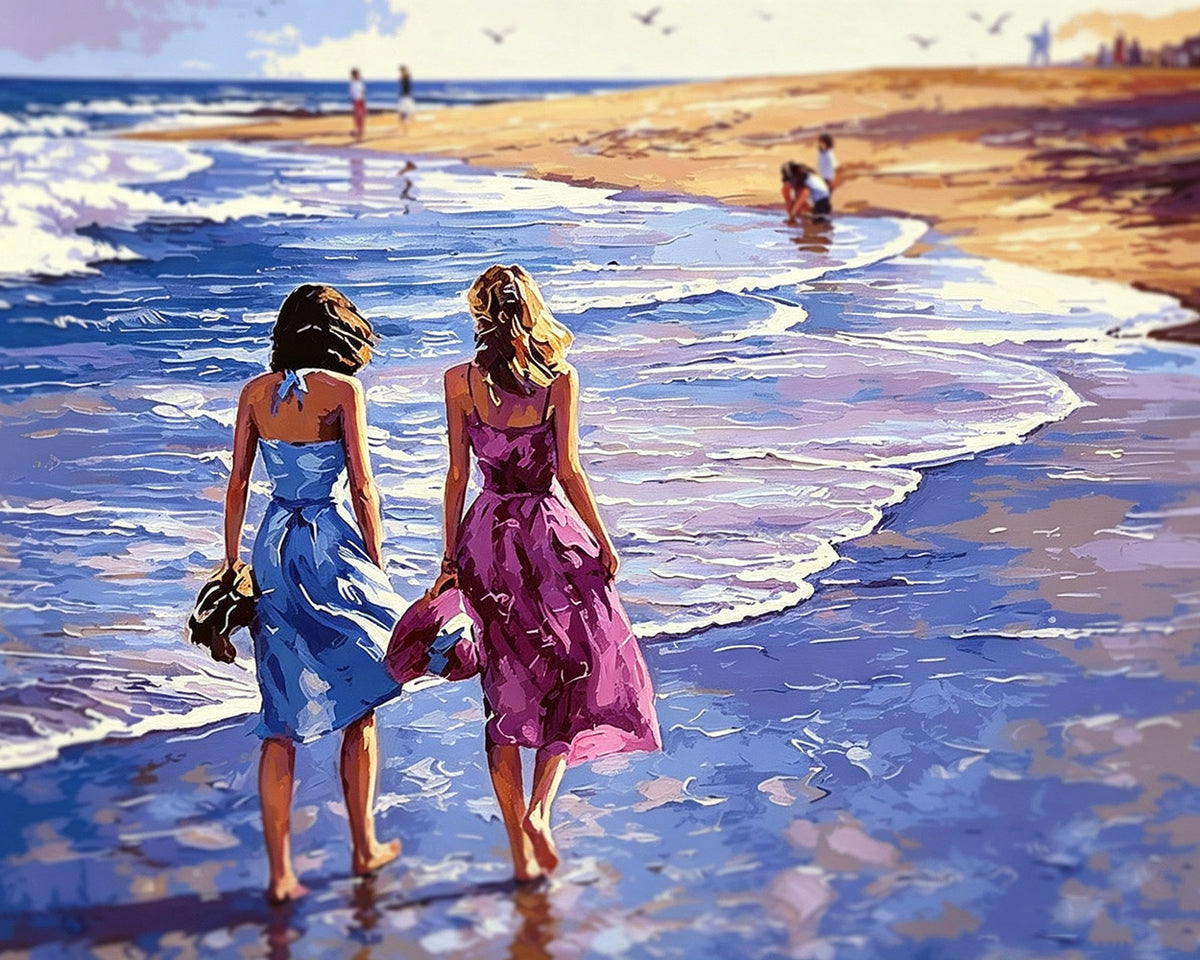 Two women walking on the beach paint by numbers kit for beginners