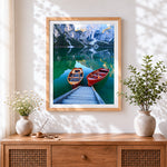 Finished two wooden boats on a turquoise lake cross stitch artwork displayed