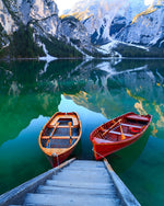 Two wooden boats on a turquoise lake paint by numbers kit for beginners