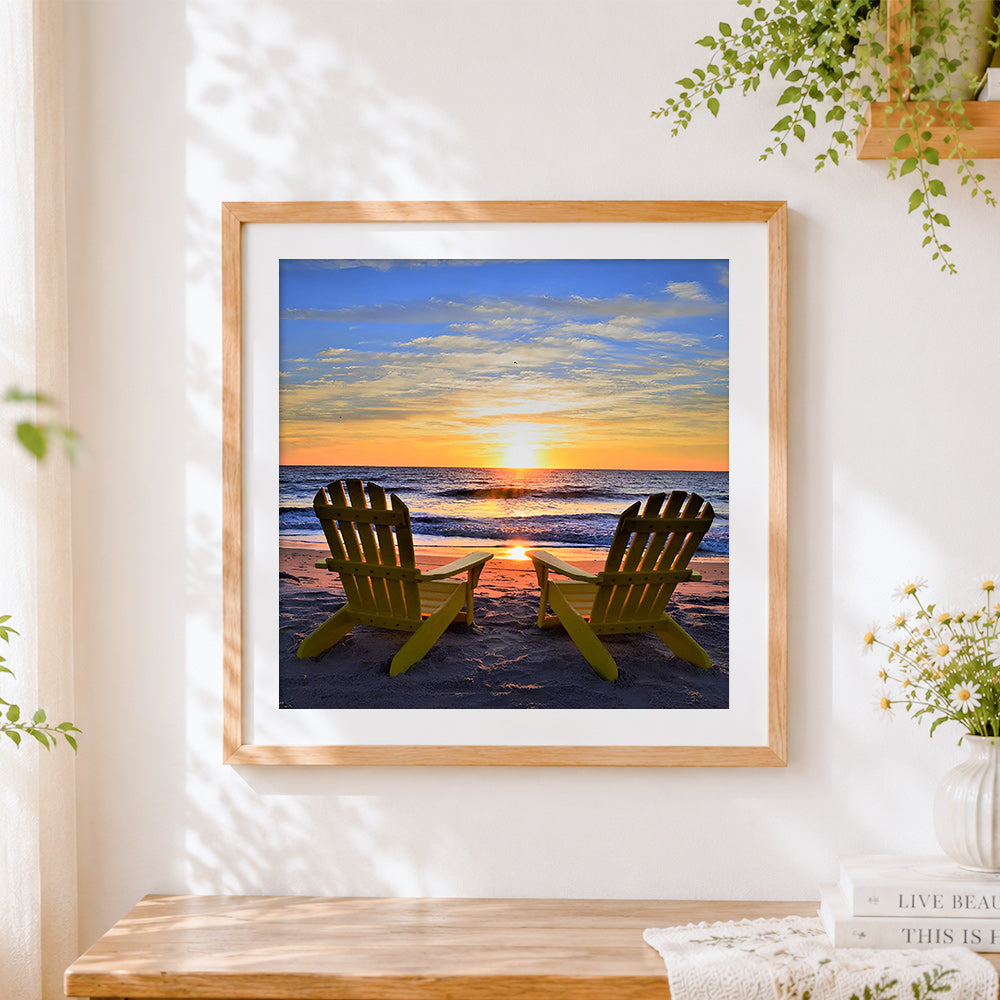 Finished two yellow adirondack chairs on the beach paint by numbers artwork displayed as home decor