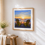 Two yellow adirondack chairs on the beach paint by numbers artwork displayed on wall as home decor