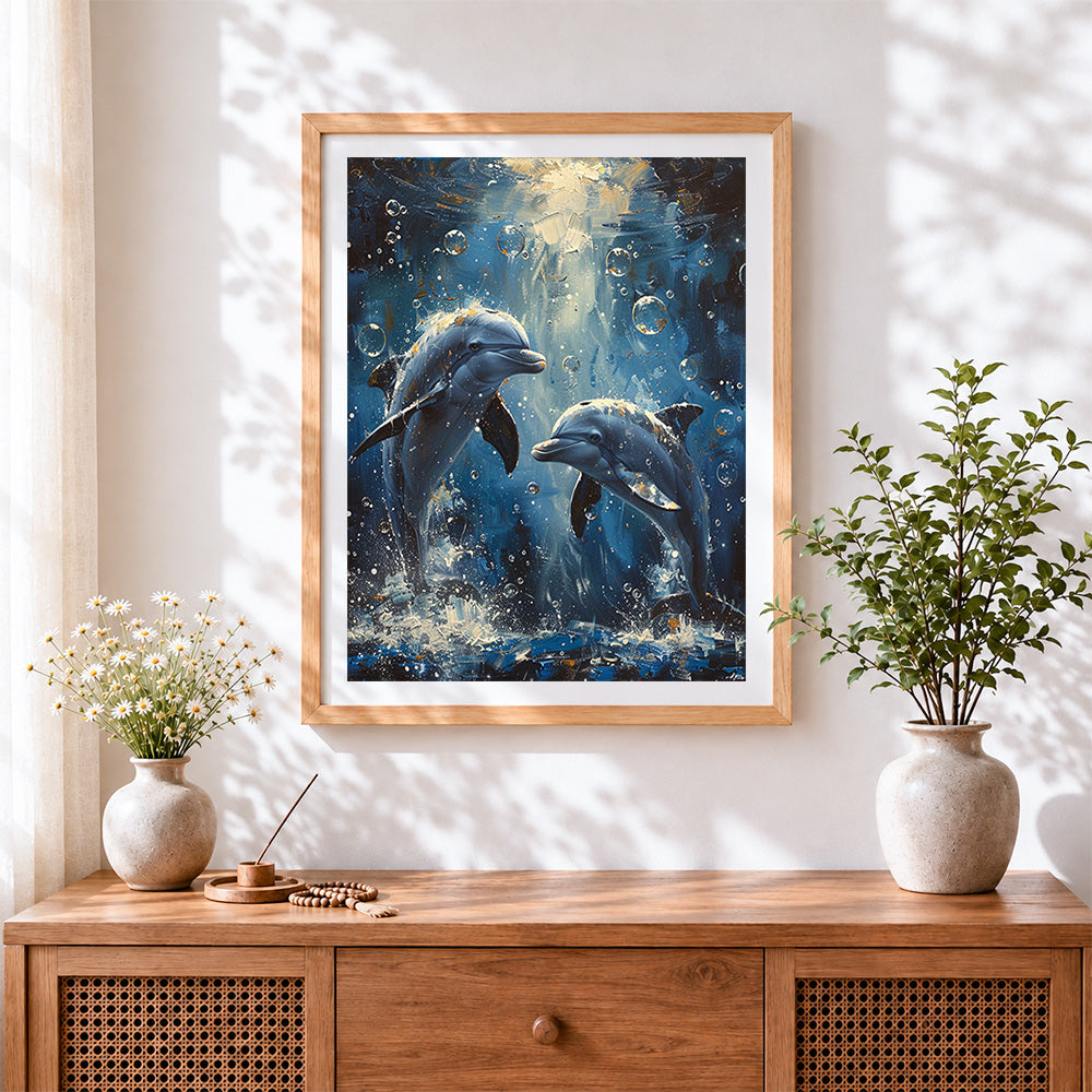 Finished underwater dolphins and bubbles cross stitch artwork displayed