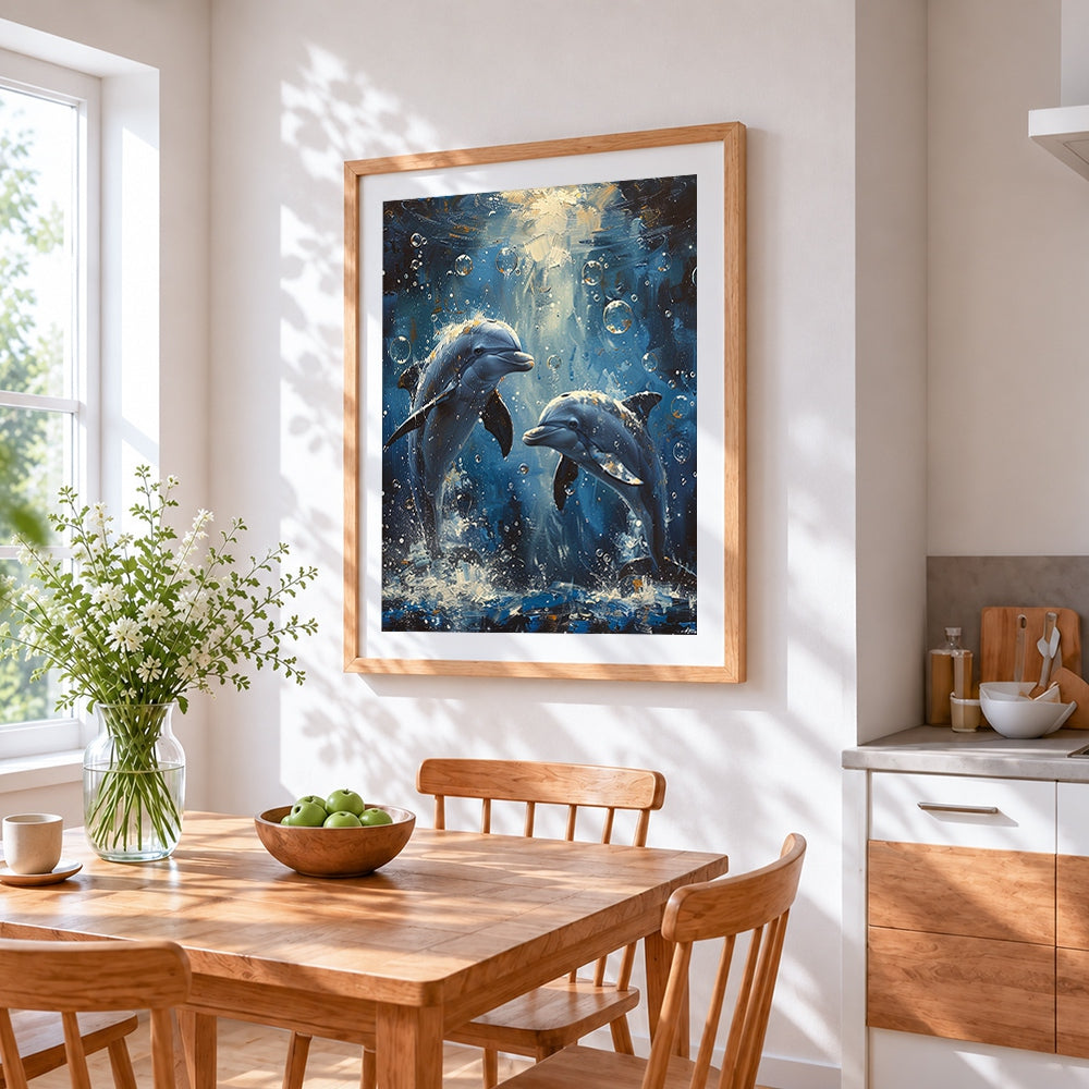 Underwater dolphins and bubbles cross stitch artwork displayed on wall as home decor