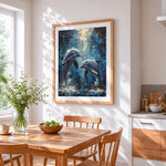 Underwater dolphins and bubbles paint by numbers artwork displayed on wall as home decor
