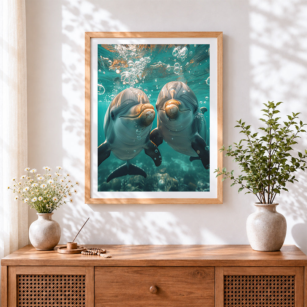 Finished underwater dolphins close-up cross stitch artwork displayed