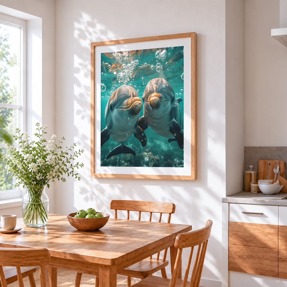 Underwater dolphins close-up paint by numbers artwork displayed on wall as home decor