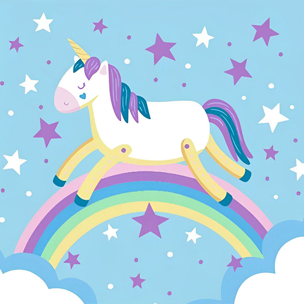 Unicorn balancing on a rainbow cross stitch kit for beginners