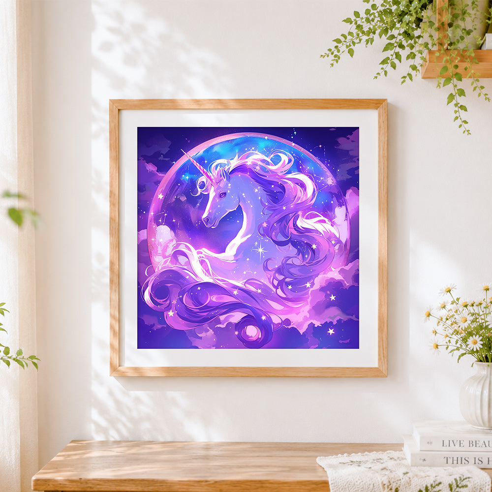 Finished unicorn in a starry bubble cross stitch artwork displayed