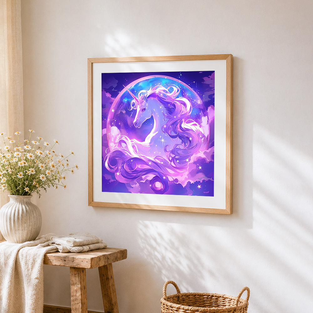 Unicorn in a starry bubble cross stitch artwork displayed on wall as home decor