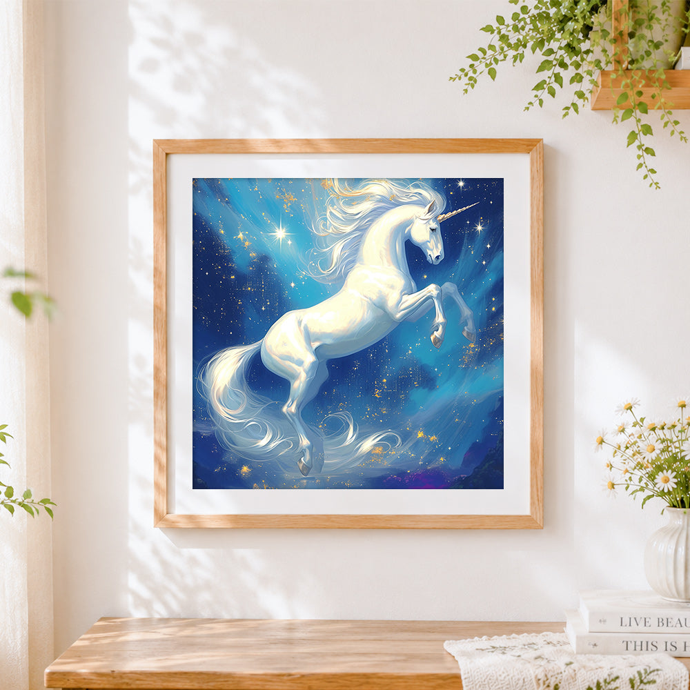 Finished unicorn leaping through starry night cross stitch artwork displayed