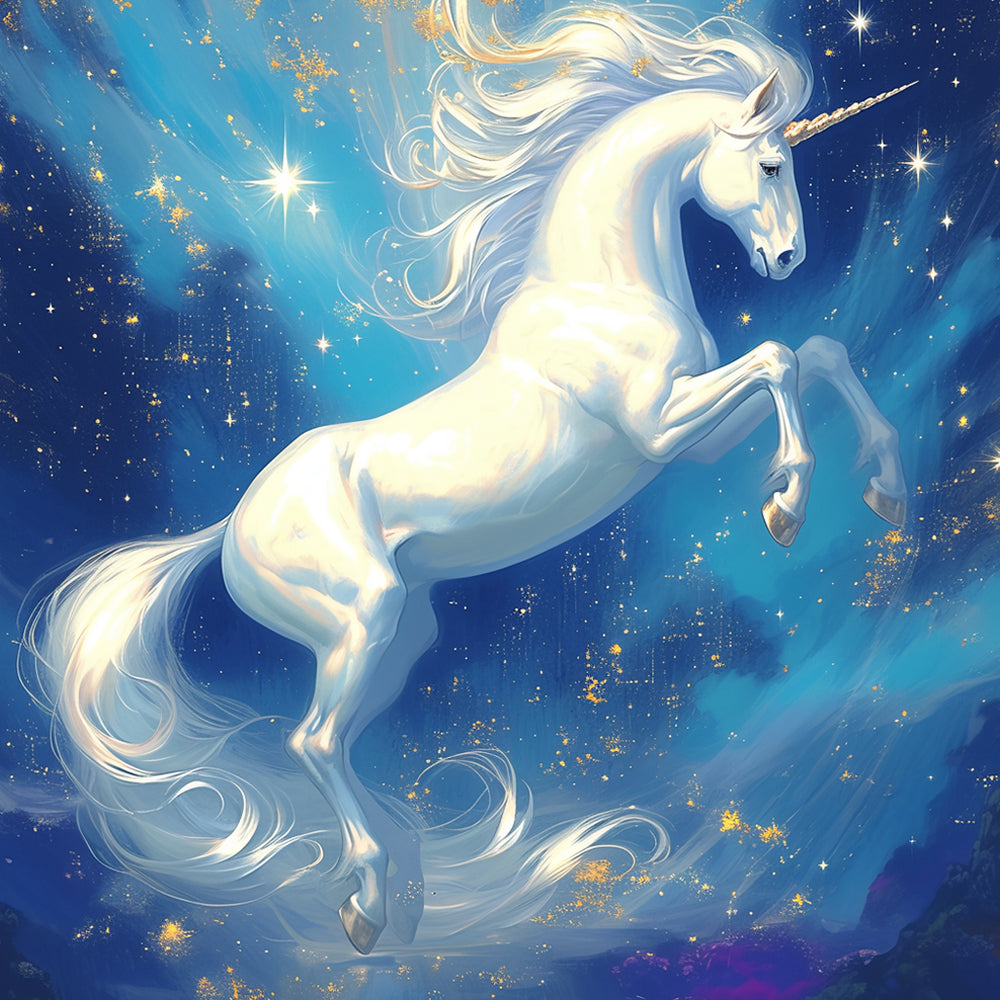 Unicorn leaping through starry night cross stitch kit for beginners
