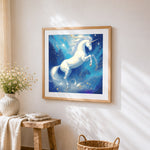 Unicorn leaping through starry night cross stitch artwork displayed on wall as home decor