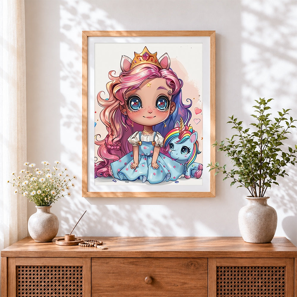 Finished unicorn princess girl cross stitch artwork displayed
