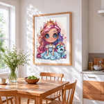 Unicorn princess girl cross stitch artwork displayed on wall as home decor