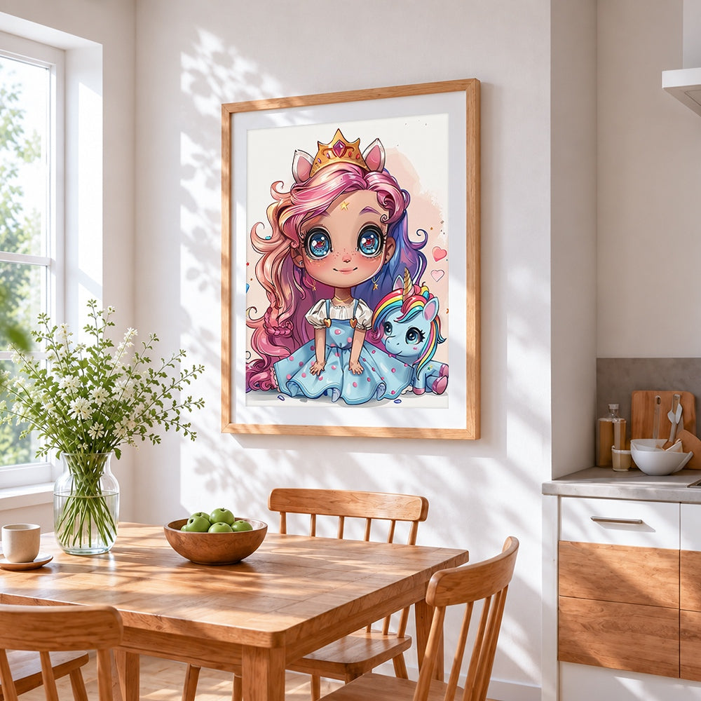 Unicorn princess girl cross stitch artwork displayed on wall as home decor