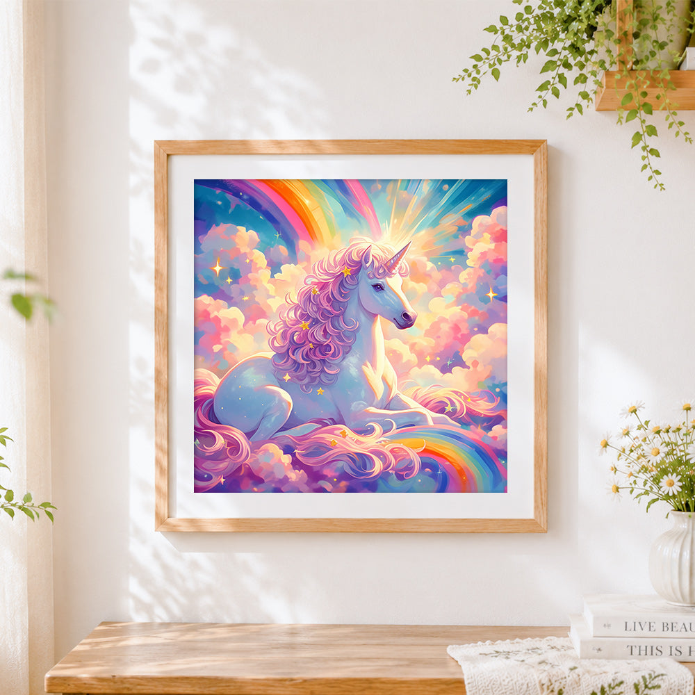 Finished unicorn resting on a rainbow cross stitch artwork displayed