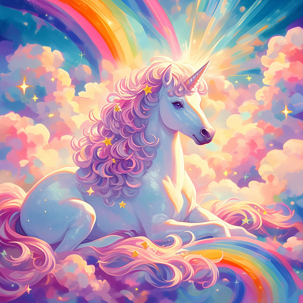 Unicorn resting on a rainbow cross stitch kit for beginners