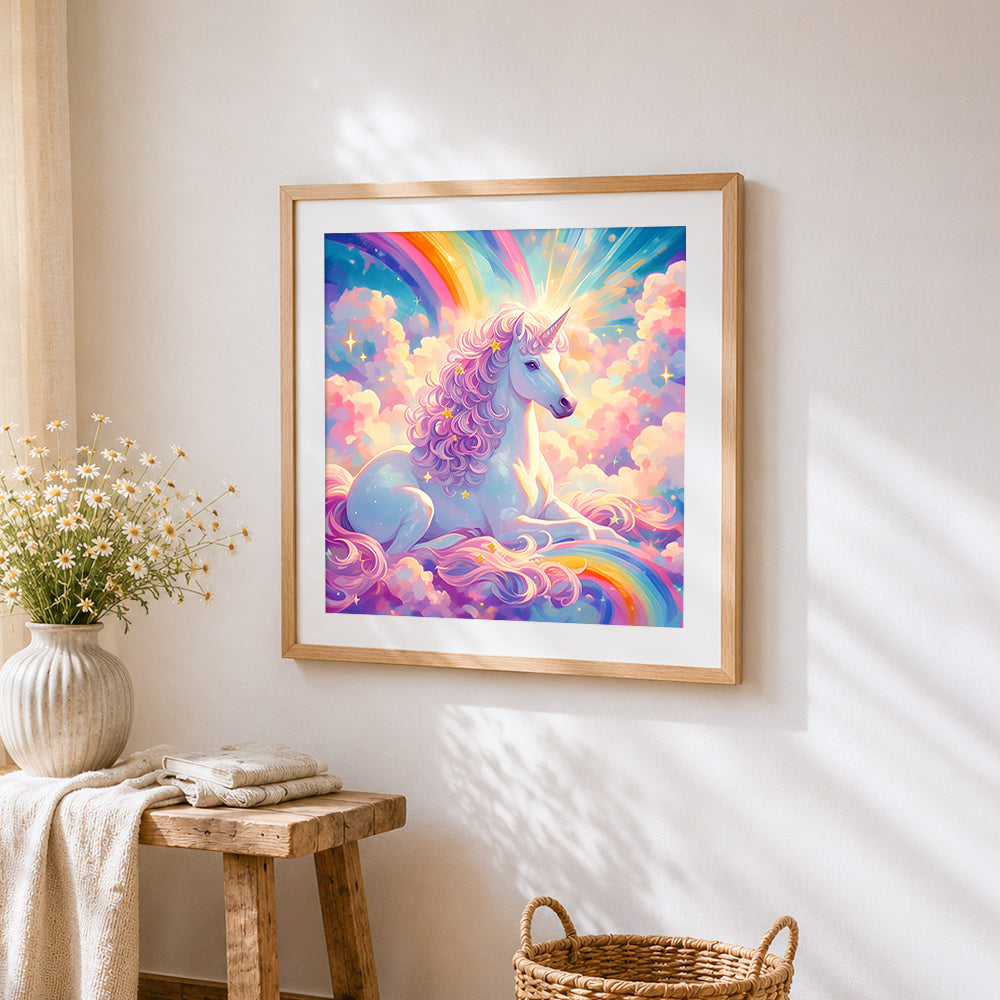 Unicorn resting on a rainbow cross stitch artwork displayed on wall as home decor