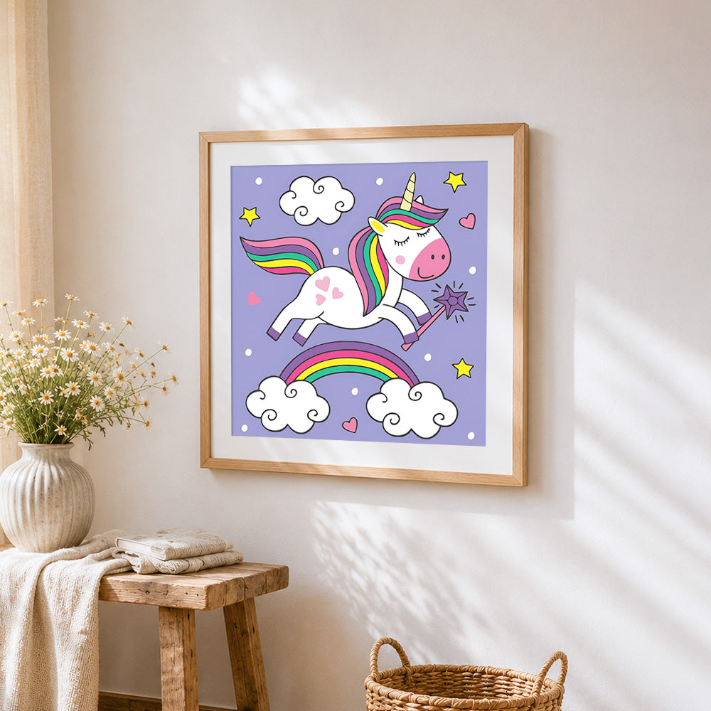 Unicorn with magic wand and rainbow cross stitch artwork displayed on wall as home decor