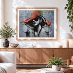 Finished urban graffiti portrait with colourful hat cross stitch artwork displayed