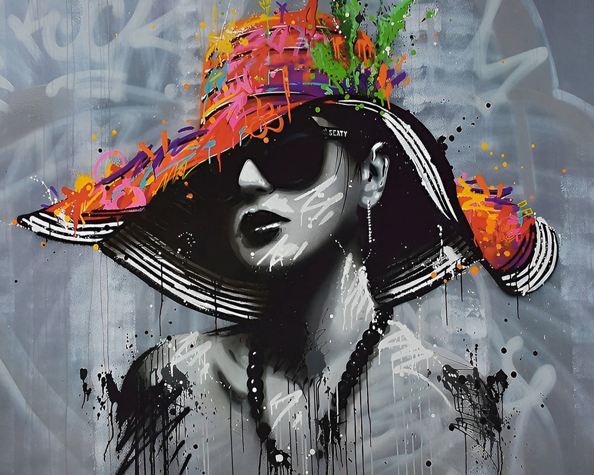 Urban graffiti portrait with colourful hat cross stitch kit for beginners