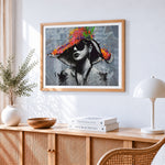 Urban graffiti portrait with colourful hat cross stitch artwork displayed on wall as home decor