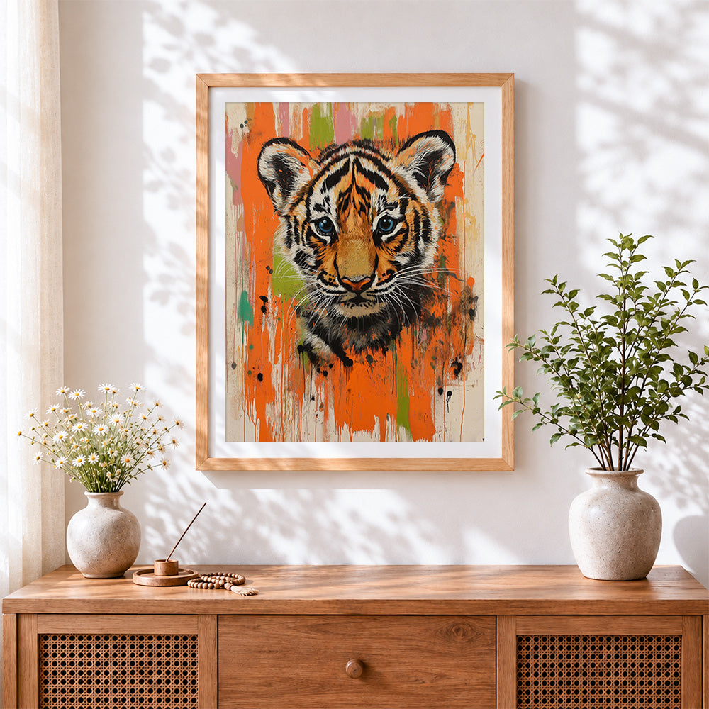 Finished urban graffiti tiger cross stitch artwork displayed