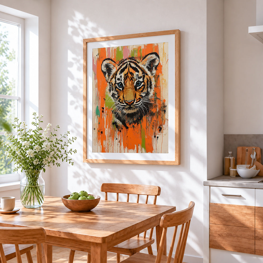 Urban graffiti tiger cross stitch artwork displayed on wall as home decor