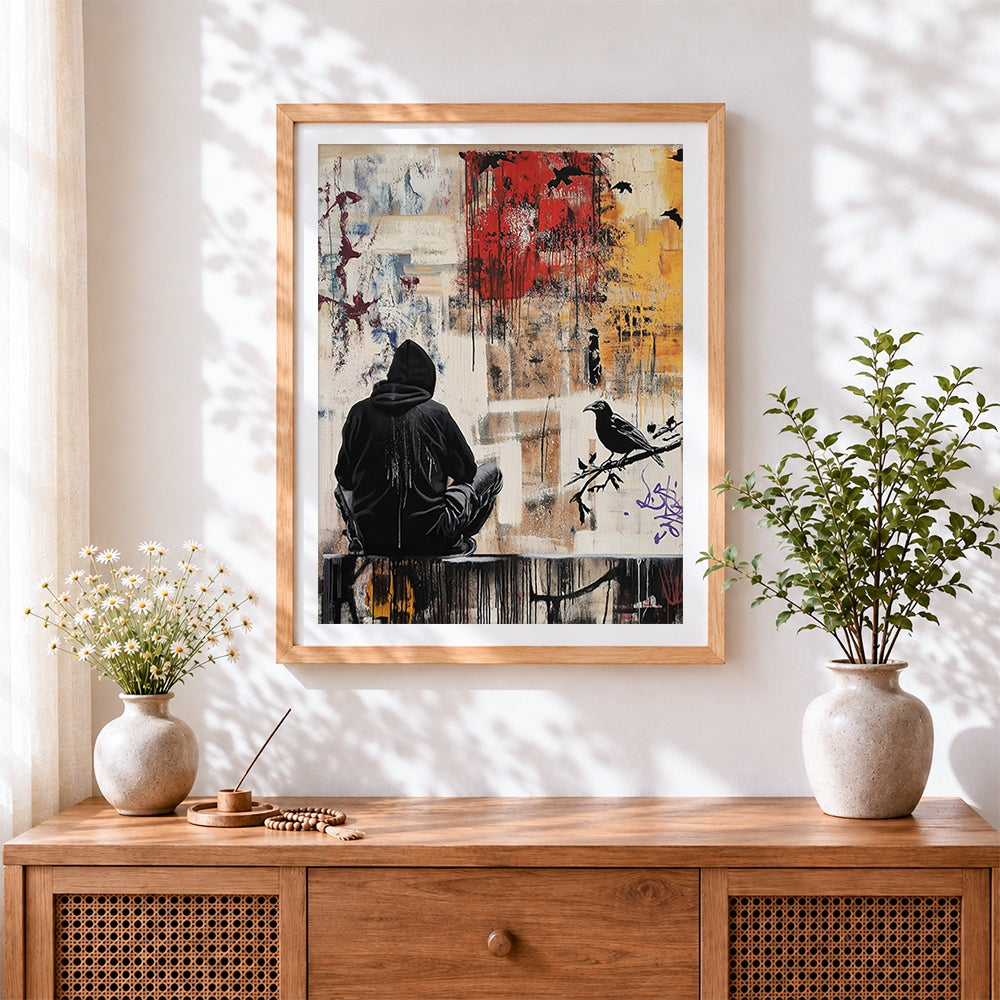 Finished urban street art hoodie figure cross stitch artwork displayed