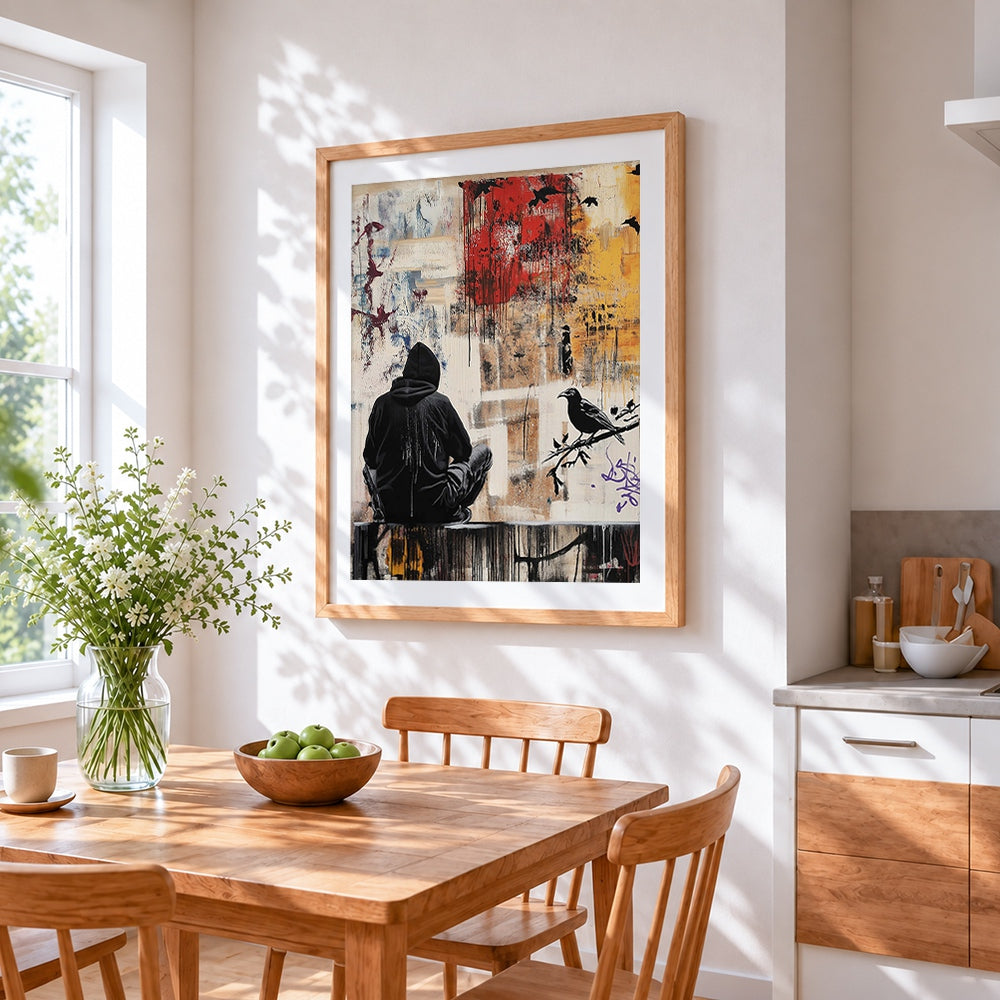 Urban street art hoodie figure cross stitch artwork displayed on wall as home decor