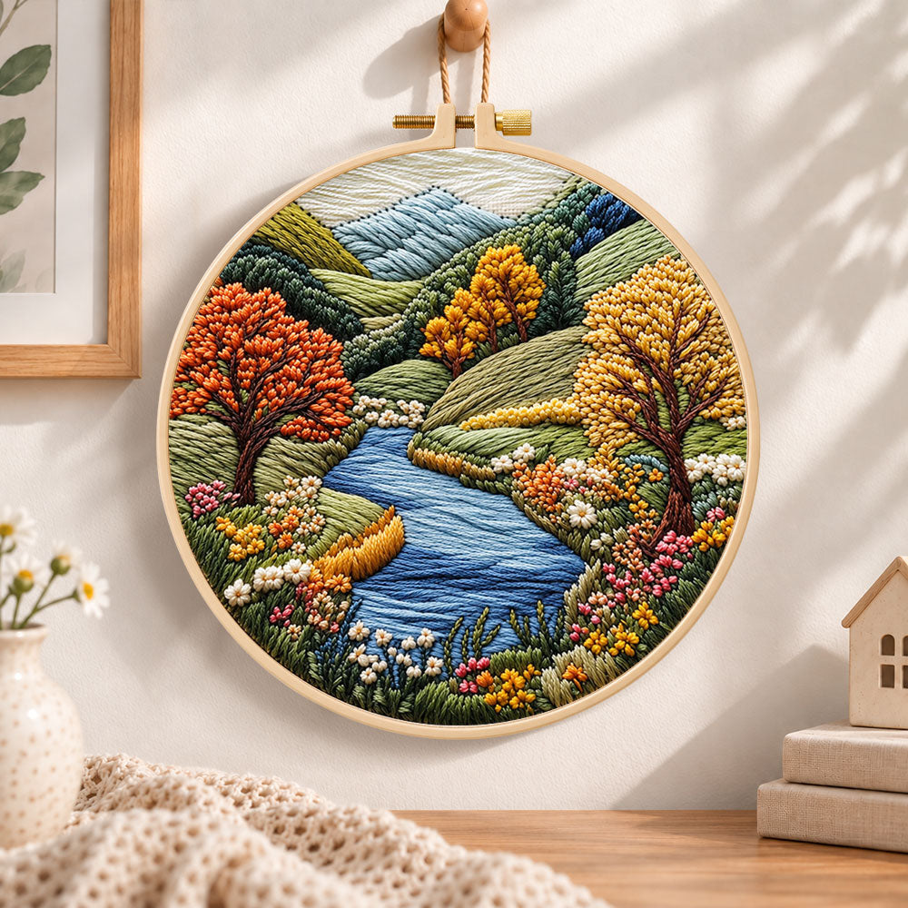 Valley river autumn scenery embroidery hoop wall art displayed as warm and cozy handmade home decor