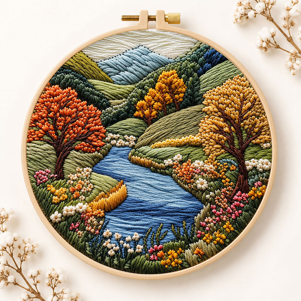Valley river autumn scenery embroidery kit
