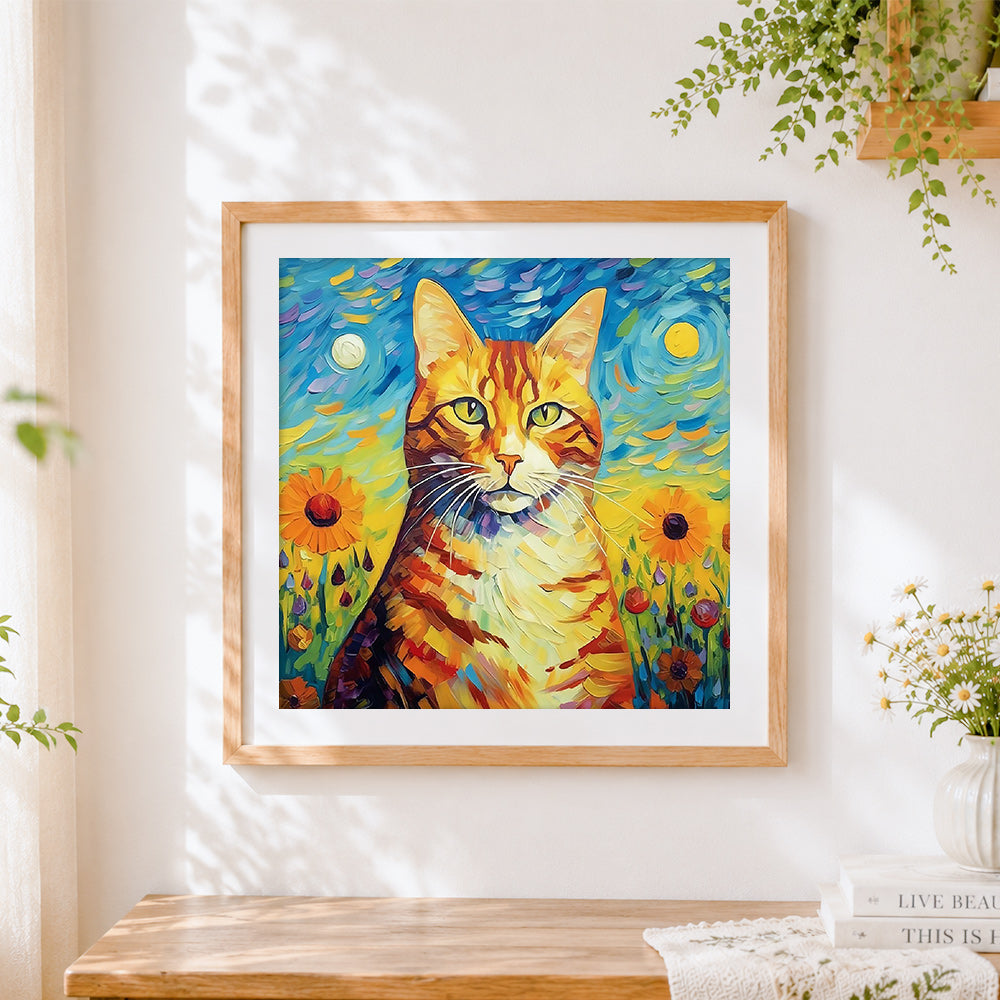 Finished van gogh inspired ginger cat cross stitch artwork displayed