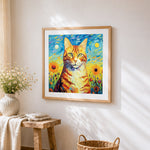 Van gogh inspired ginger cat cross stitch artwork displayed on wall as home decor