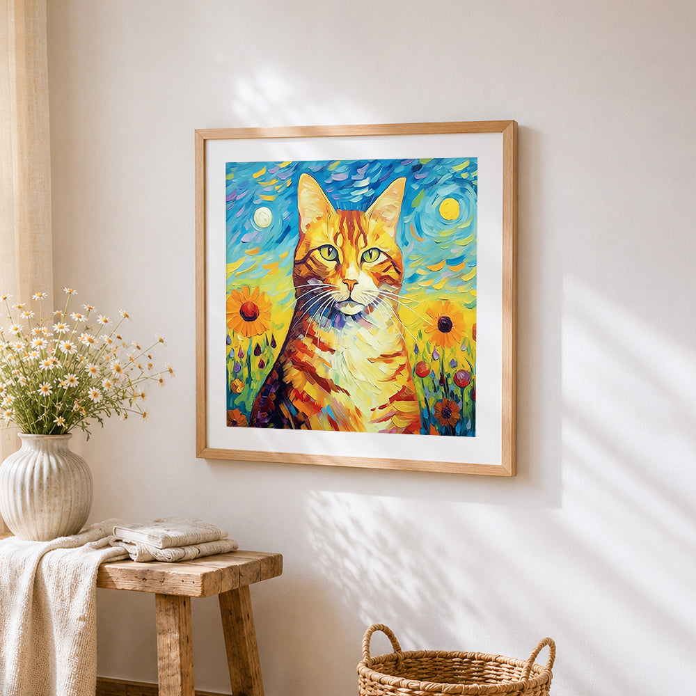 Van gogh inspired ginger cat cross stitch artwork displayed on wall as home decor