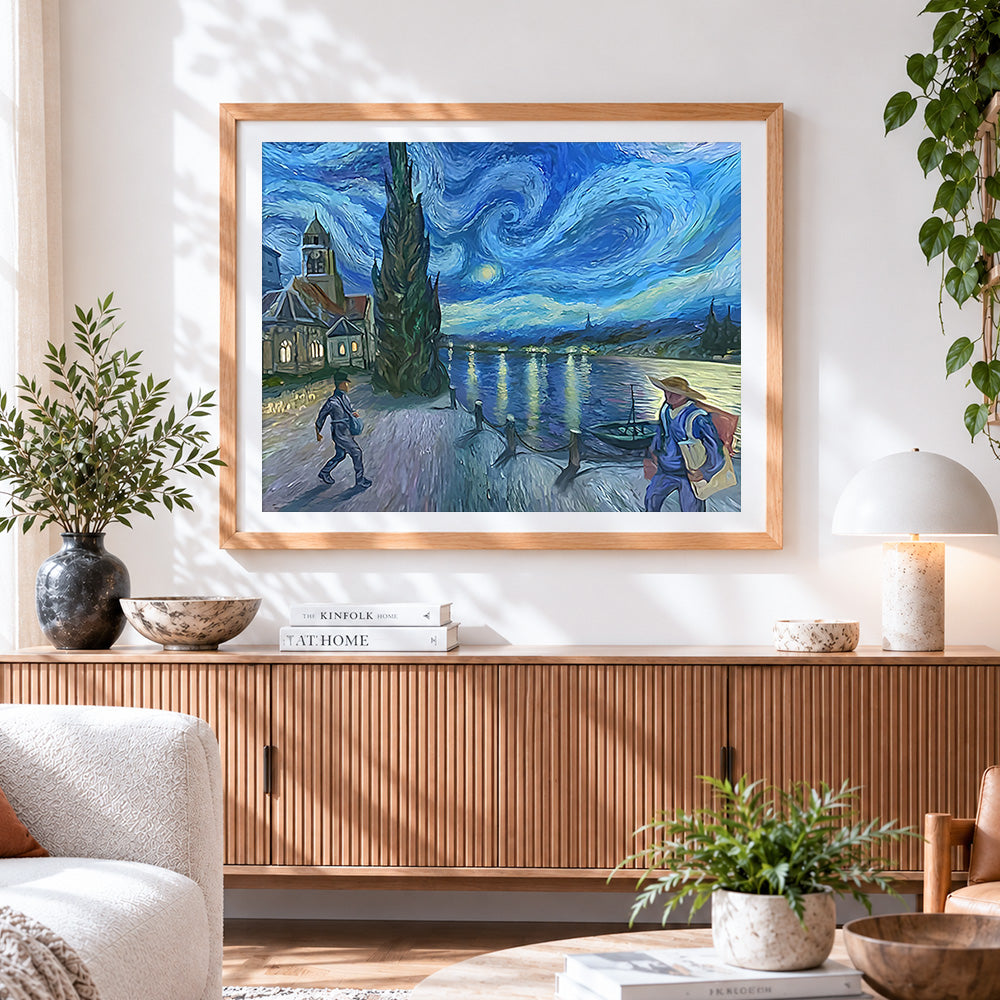 Finished van gogh inspired river scene with figures cross stitch artwork displayed