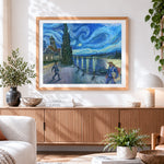 Finished van gogh inspired river scene with figures cross stitch artwork displayed