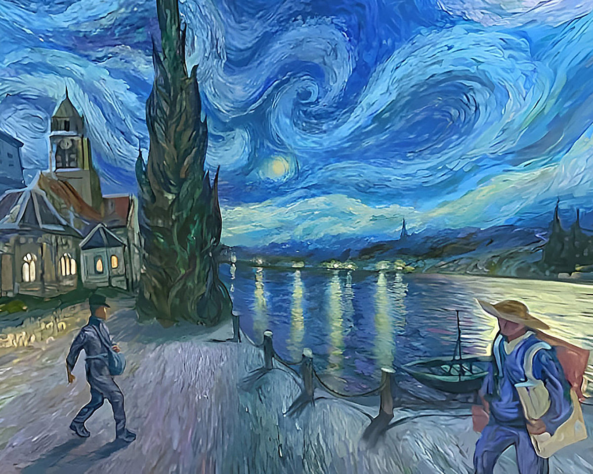 Van gogh inspired river scene with figures cross stitch kit for beginners