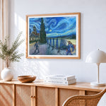 Van gogh inspired river scene with figures cross stitch artwork displayed on wall as home decor