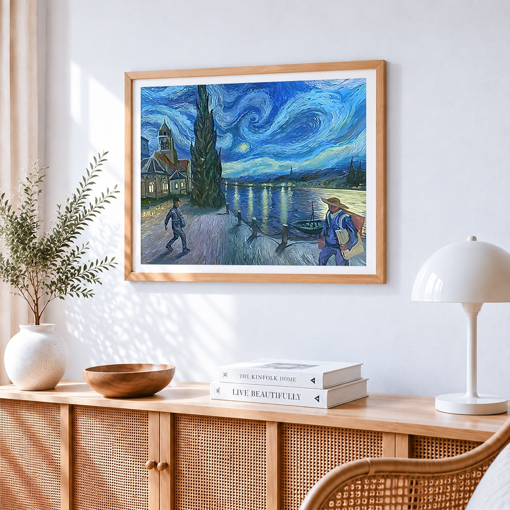 Van gogh inspired river scene with figures cross stitch artwork displayed on wall as home decor