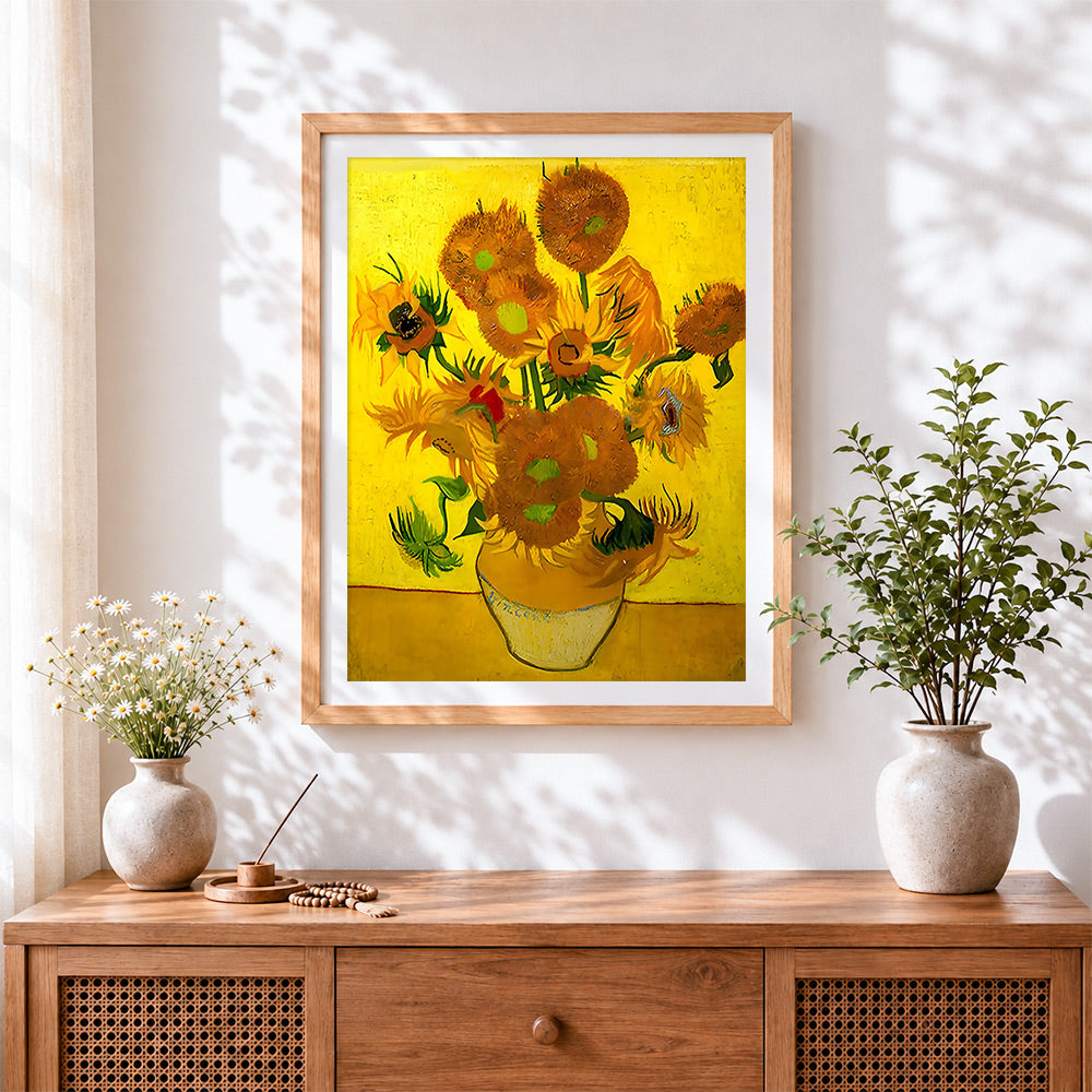 Finished van gogh inspired sunflowers cross stitch artwork displayed