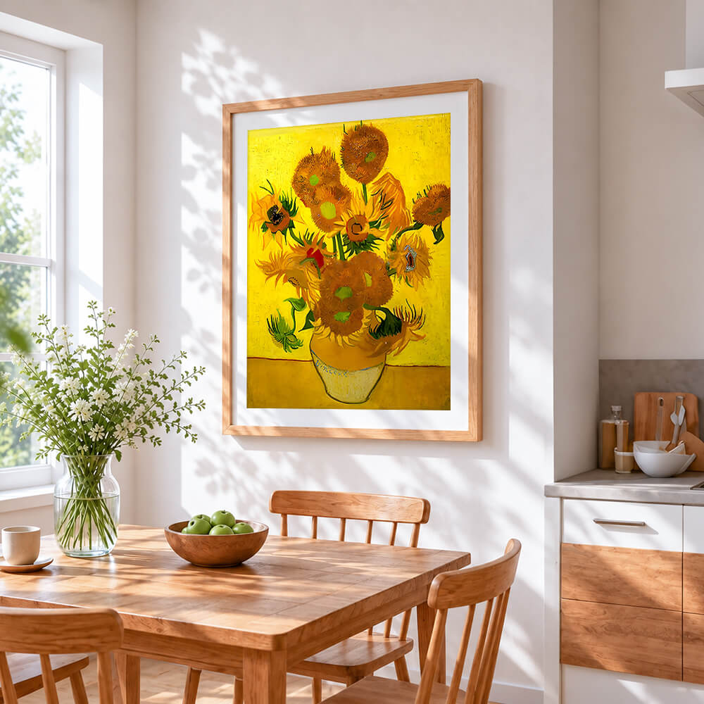 Van gogh inspired sunflowers cross stitch artwork displayed on wall as home decor