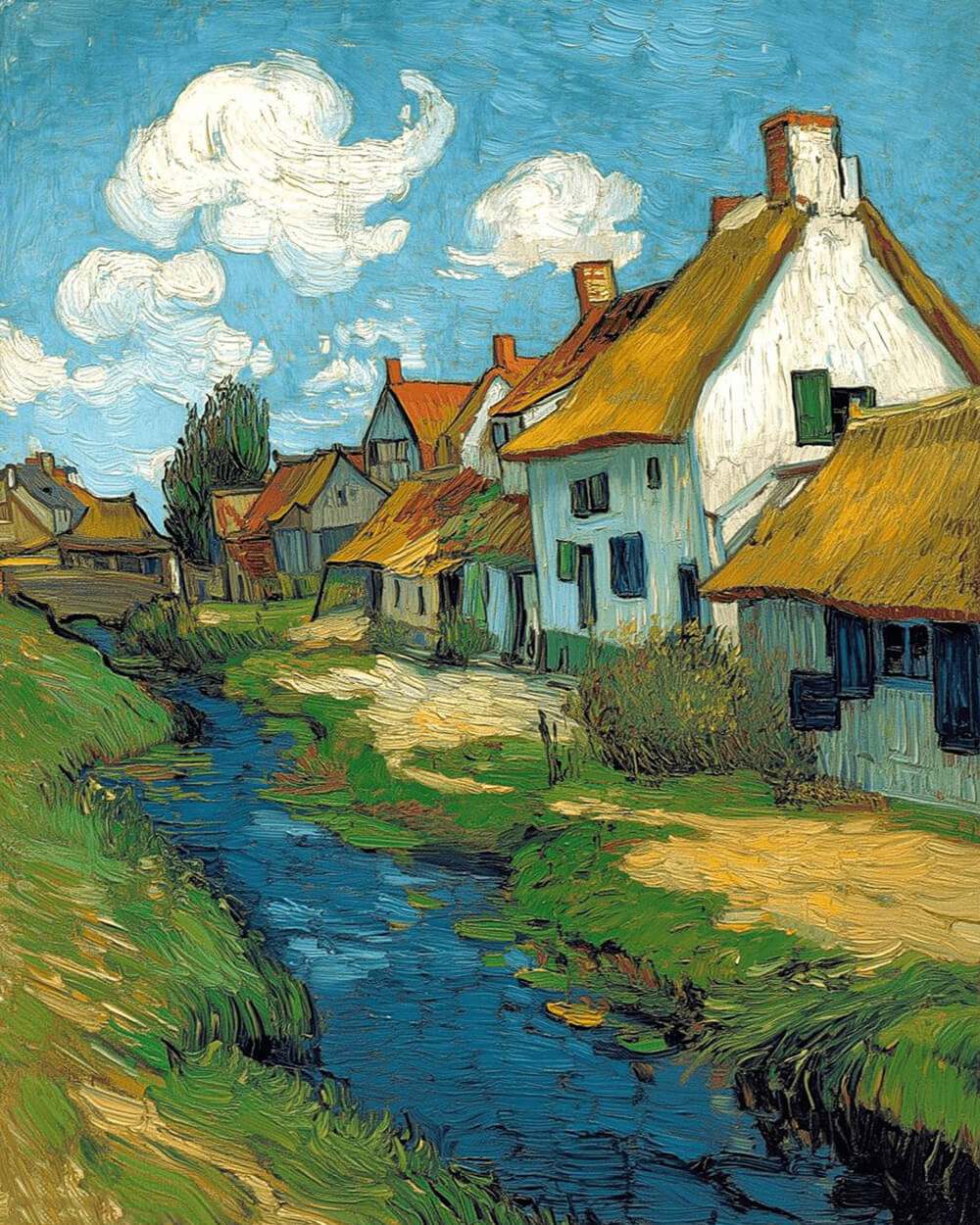 Van gogh inspired village and stream cross stitch kit for beginners