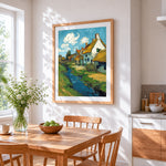Van gogh inspired village and stream cross stitch artwork displayed on wall as home decor